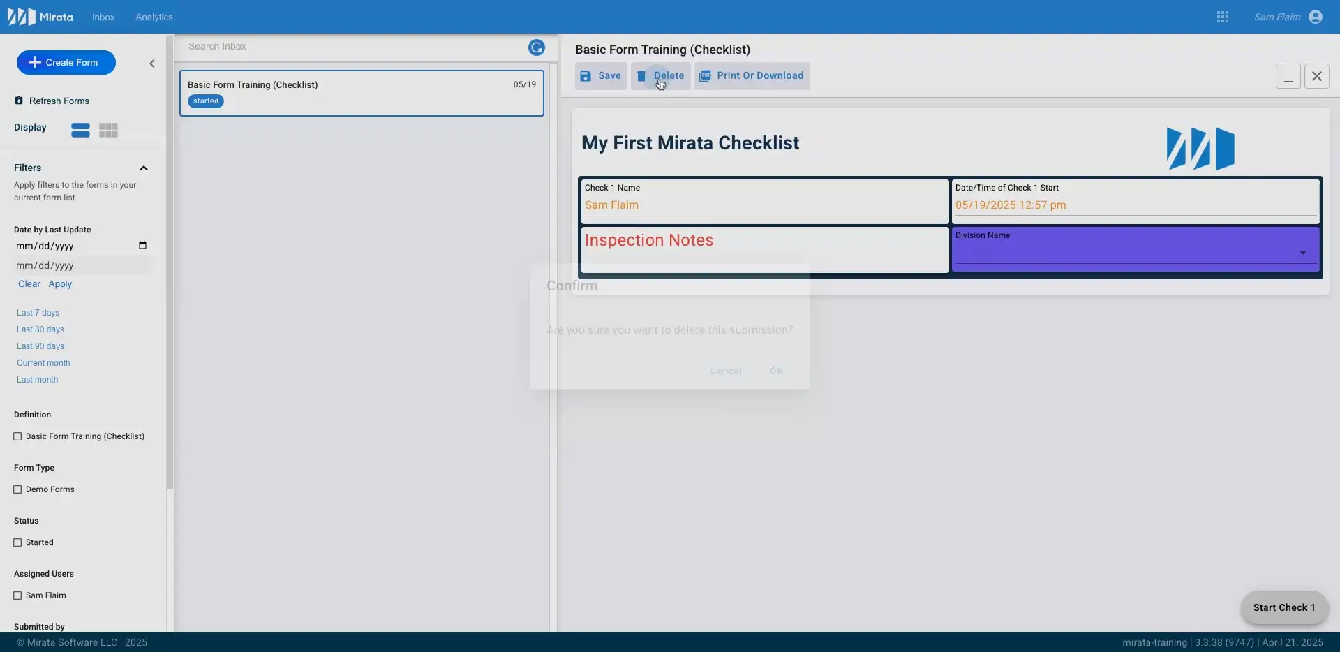 Mirata platform interface showing Basic Form Training Checklist with form management options.