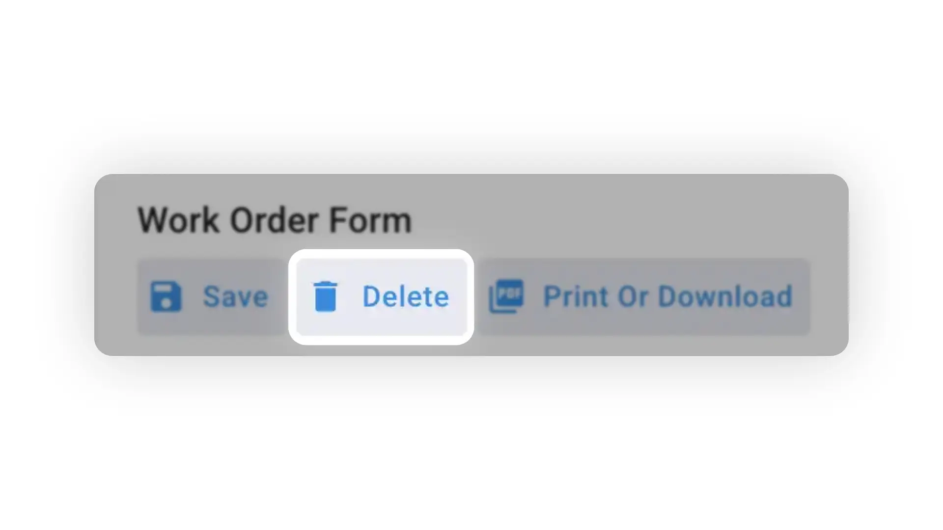 Mirata Work Order Form interface with Save, Delete, and Print or Download options