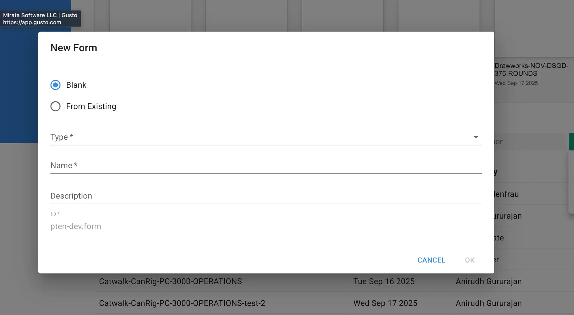 Mirata New Form creation screen
