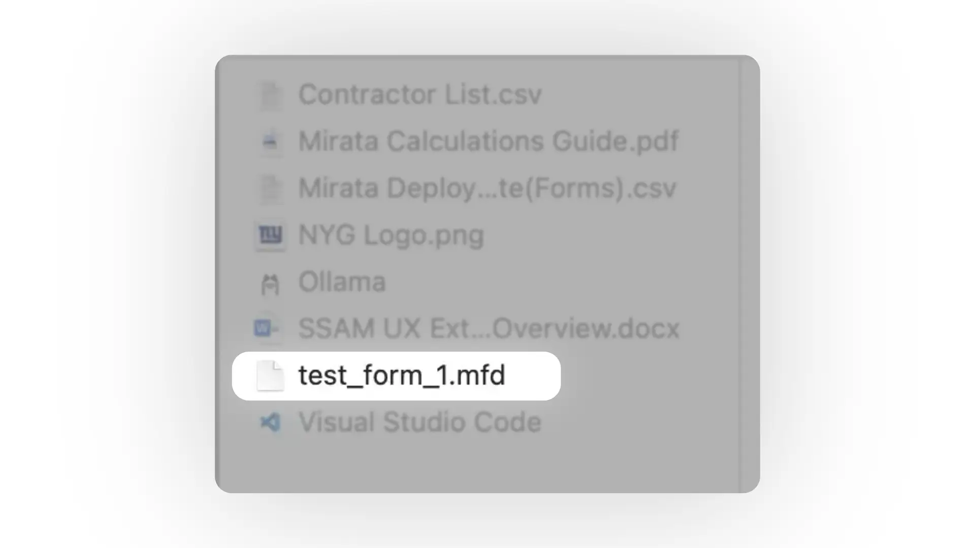 File directory view with various files and applications, including a highlighted file 'test_form_1.mfd'.