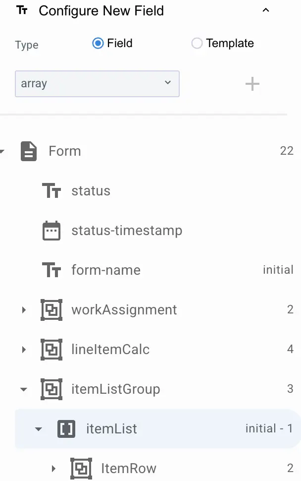 Mirata Configure New Field interface showing form elements and array selection