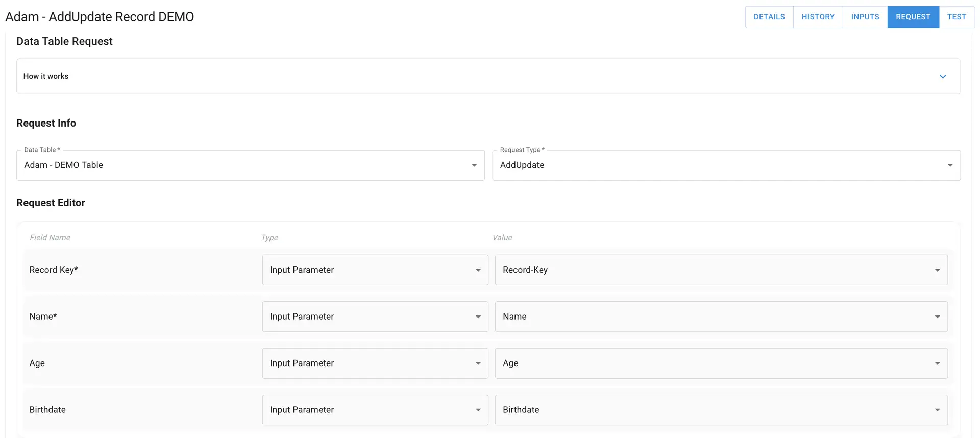 Mirata platform, Adam - AddUpdate Record DEMO, Data Table Request page