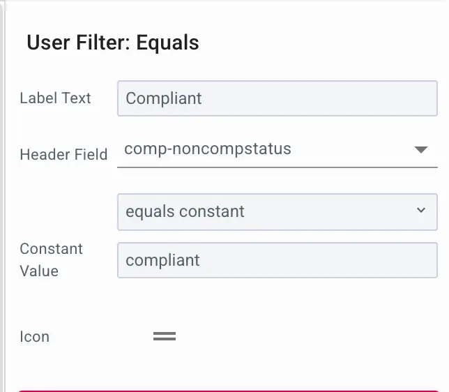 Mirata dashboard user filter configuration screen for setting an 'Equals' condition.