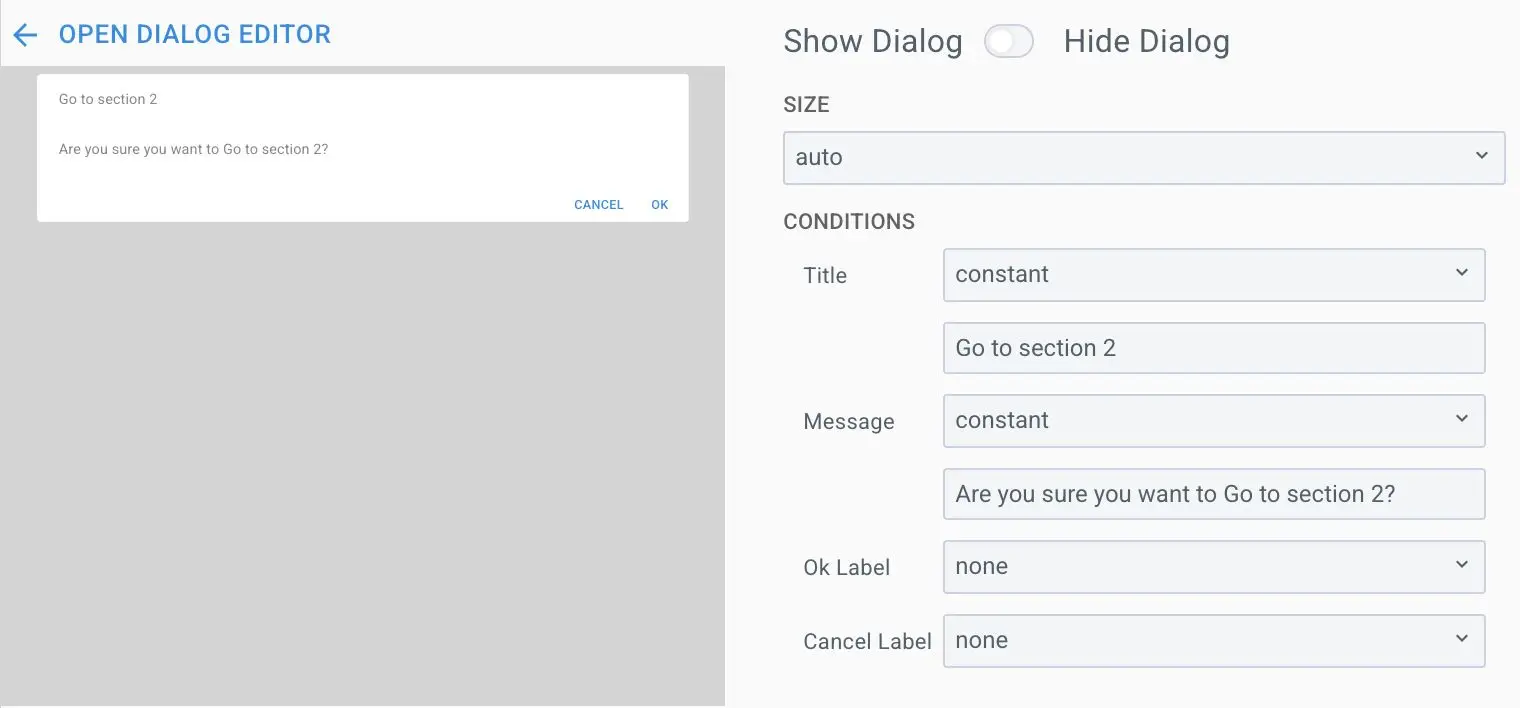 Mirata Open Dialog Editor interface showing dialog configuration options and preview.