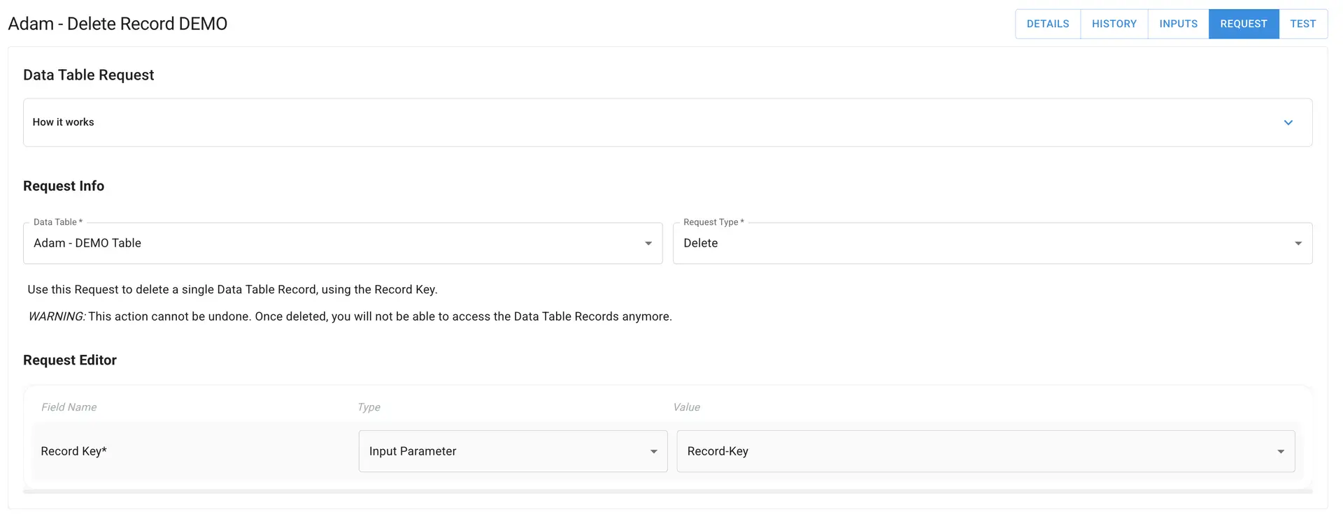 Mirata platform, Adam - Delete Record DEMO, Request tab