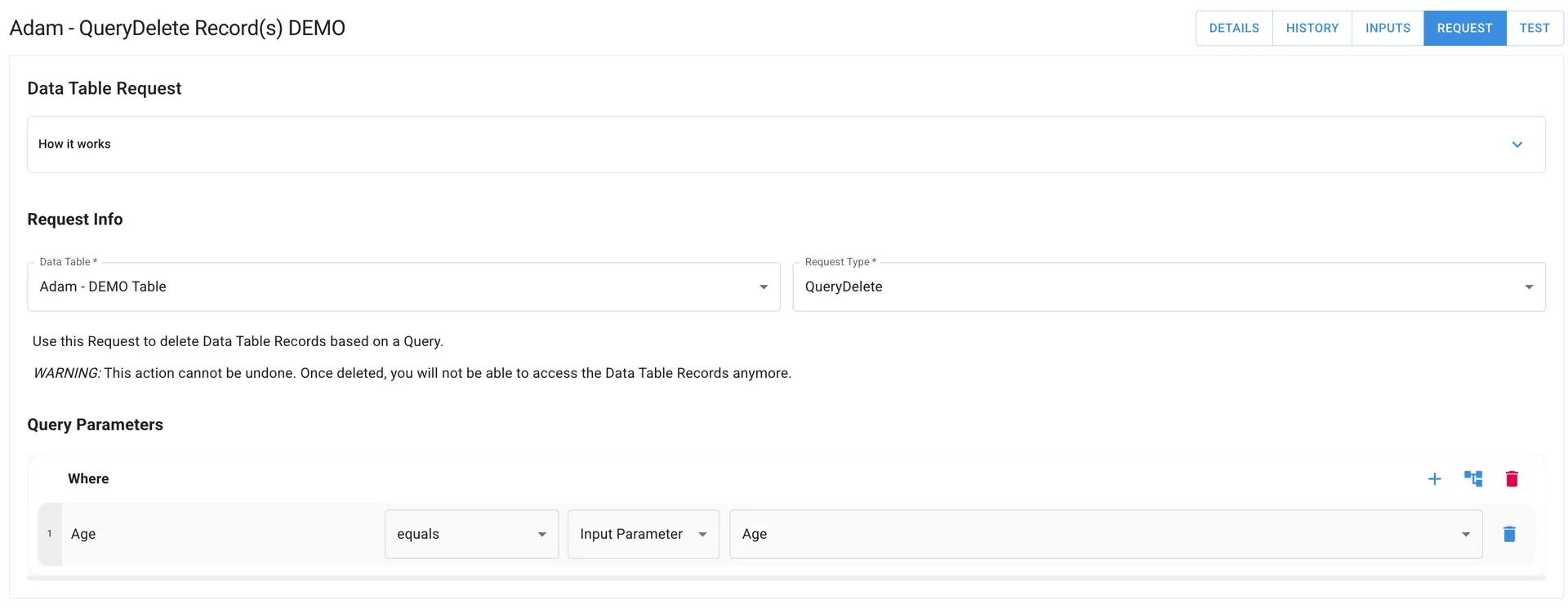 Mirata Data Table Request screen for Adam - QueryDelete Record(s) DEMO