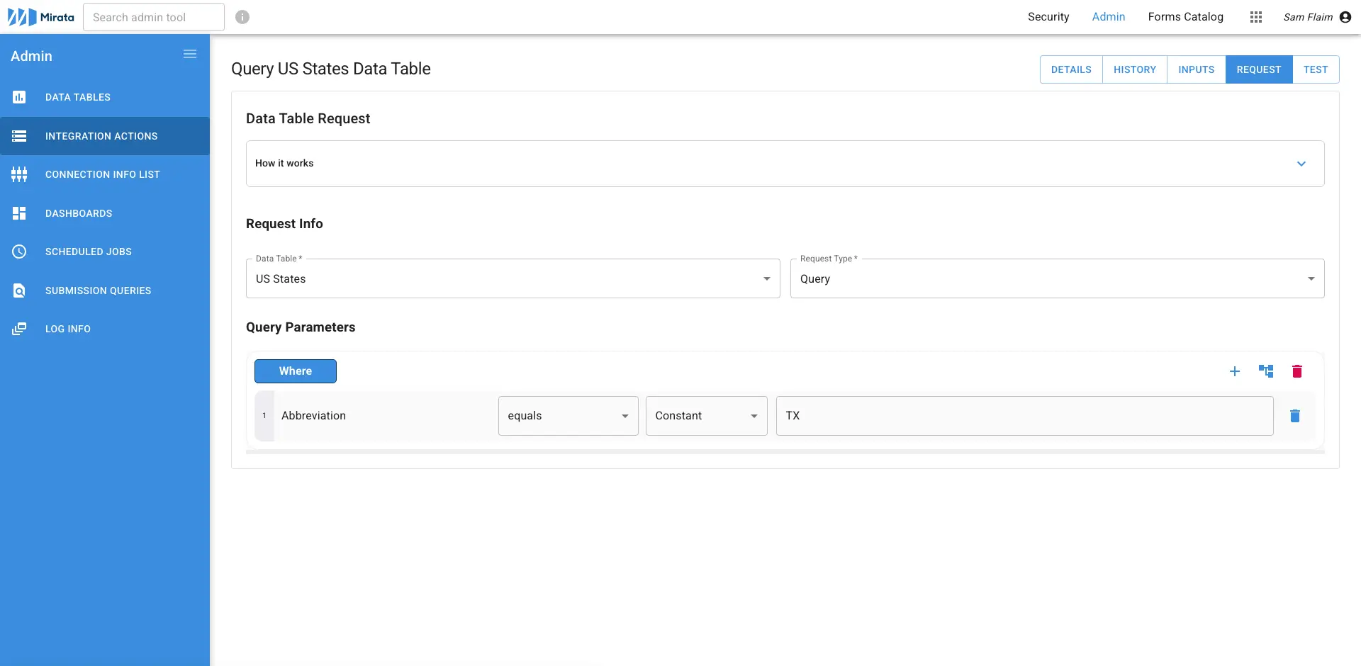Mirata Admin Query US States Data Table screen showing data table request and query parameters setup.