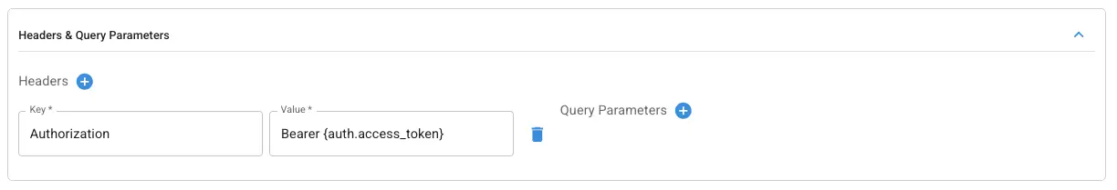 Mirata Integrations Headers and Query Parameters setup screen for connecting to SharePoint
