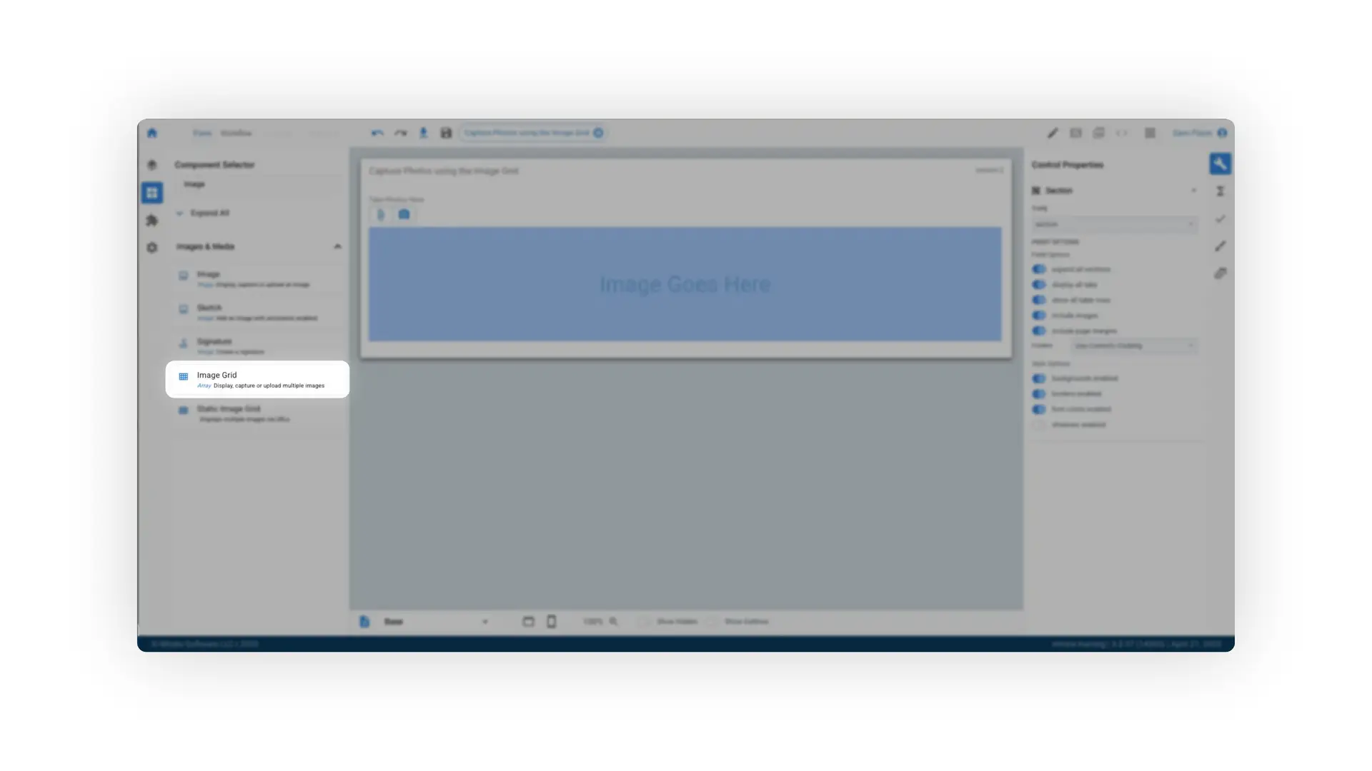 Mirata Forms Add Image Grid interface with component selector and control properties.