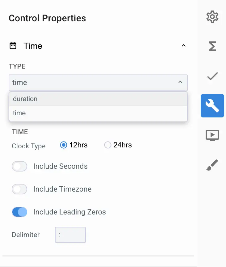 Mirata Control Properties panel for time settings with options for type, clock type, and additional time configurations.