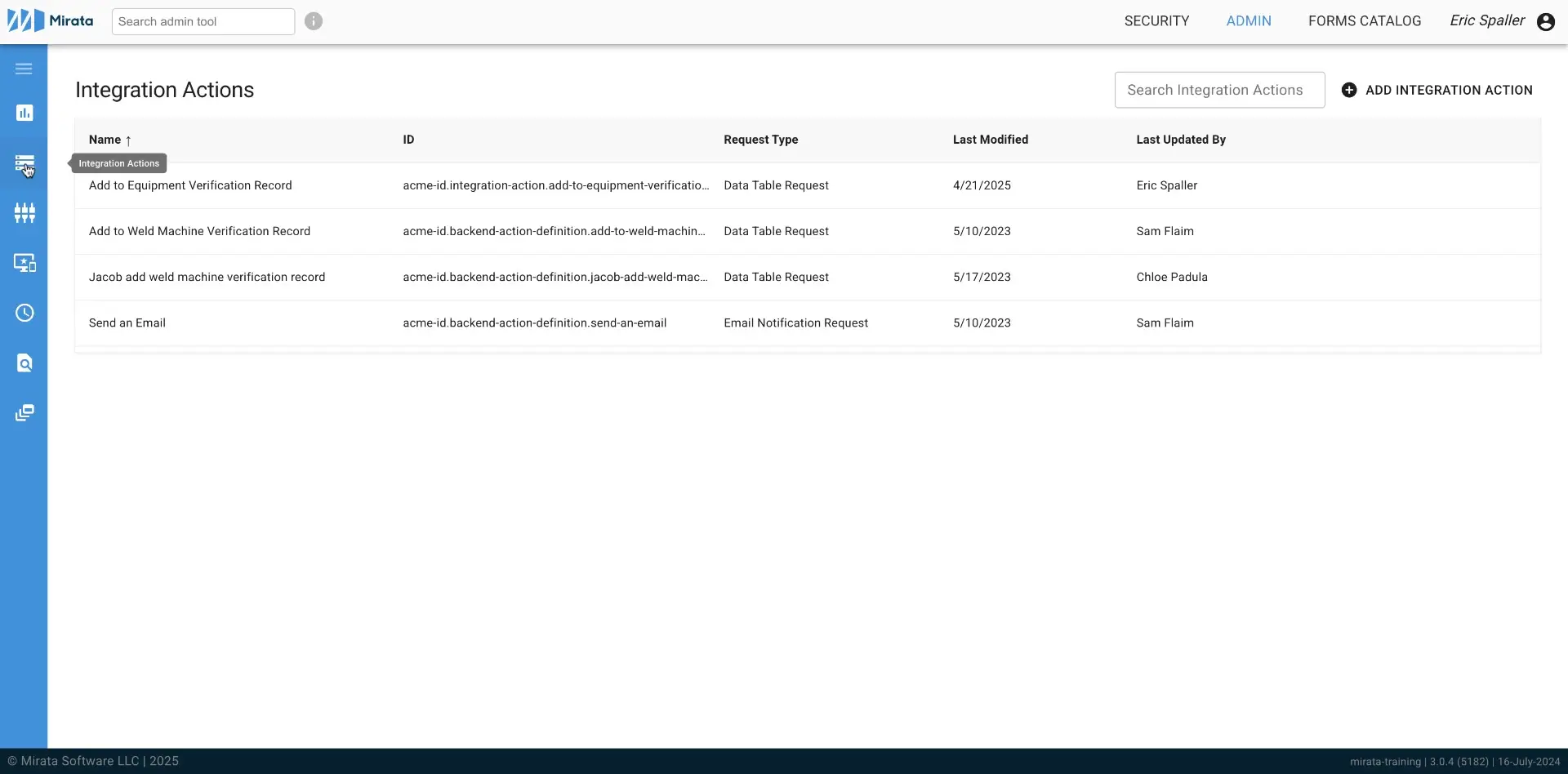 Mirata Admin Integration Actions page showing a list of integration actions with options to search and add new actions.