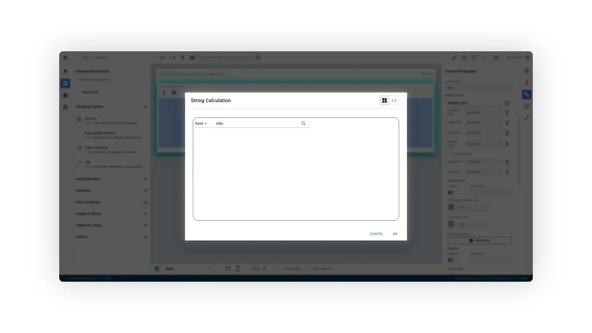 Mirata Forms feature showing String Calculation dialog and Control Properties panel for image grid configuration.