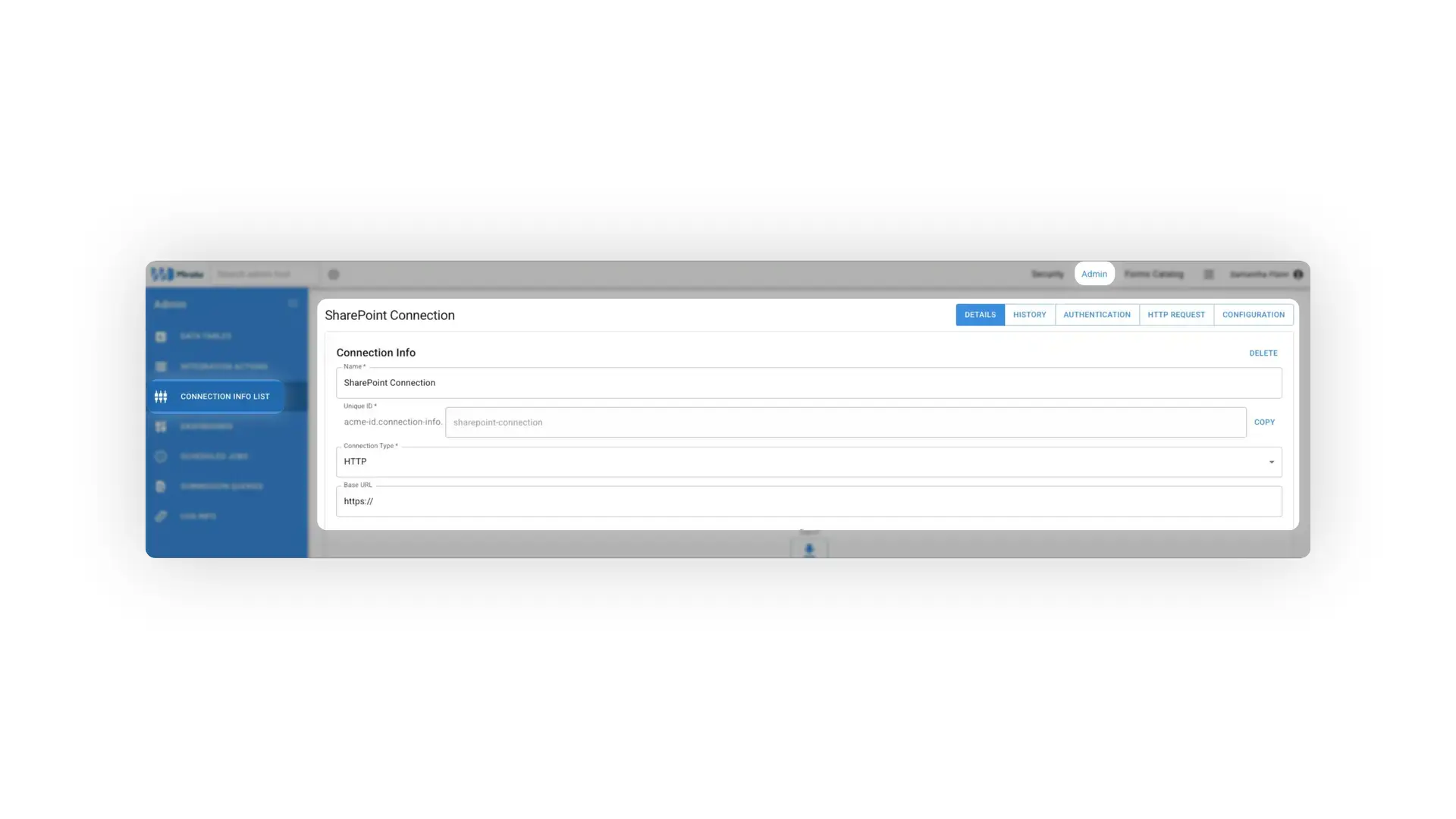 Mirata Admin SharePoint Connection Info page