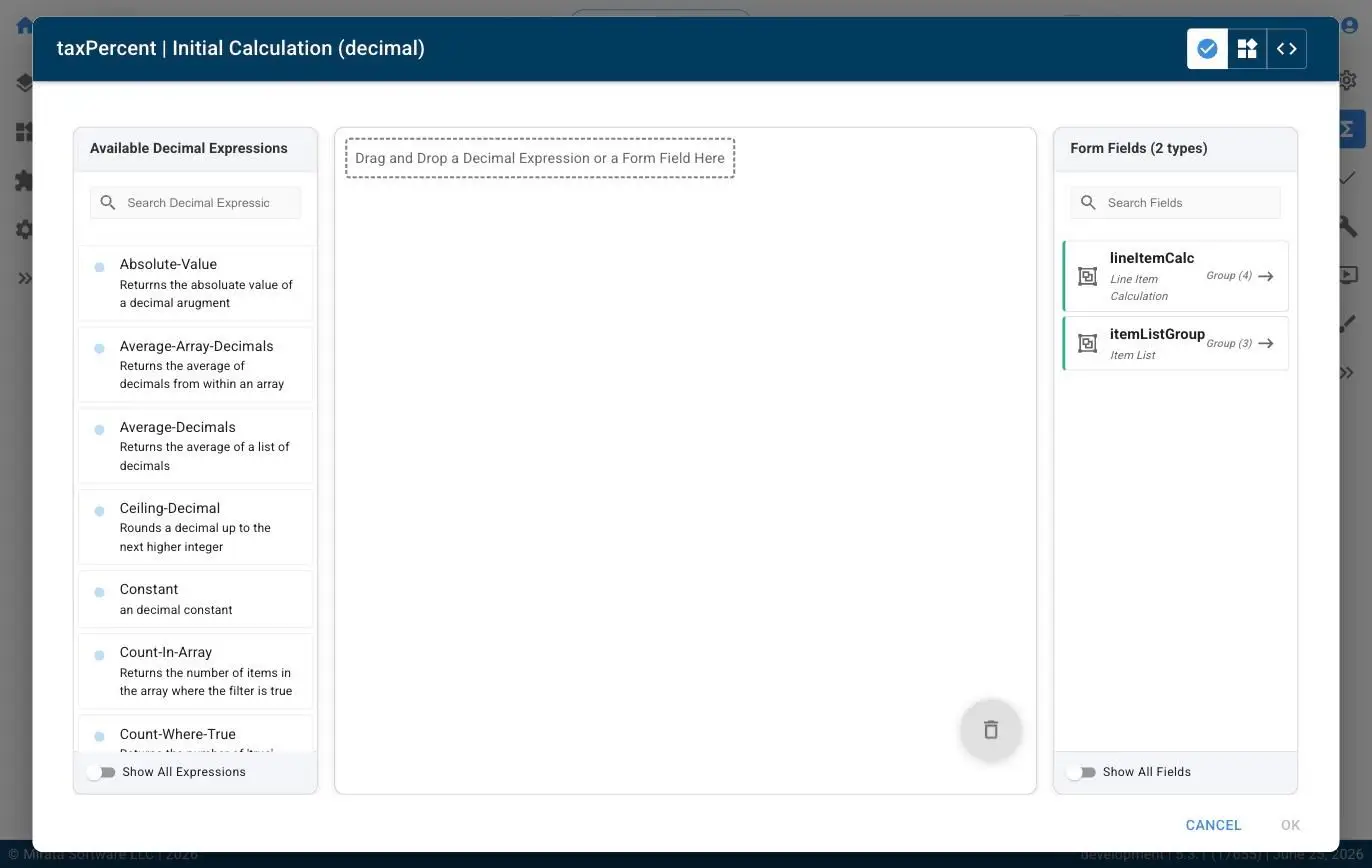 This screenshot shows the Mirata platform's interface for creating decimal calculations. Users can drag and drop available decimal expressions or form fields to build complex calculations. The interface also allows for searching and organizing these elements.