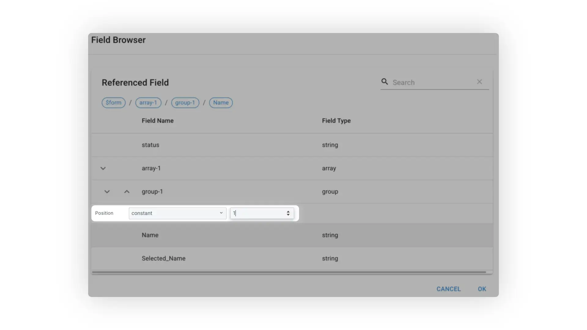 Mirata Field Browser interface showing position-based calculations for forms.