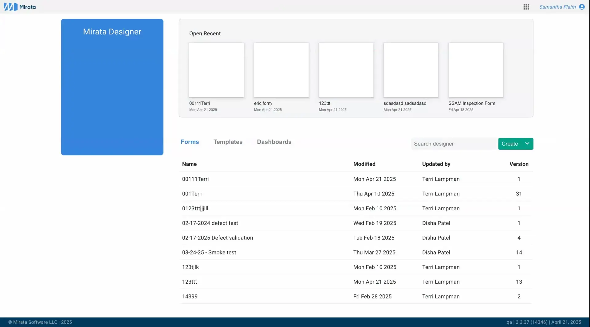 Mirata Designer interface showing forms and recent activity