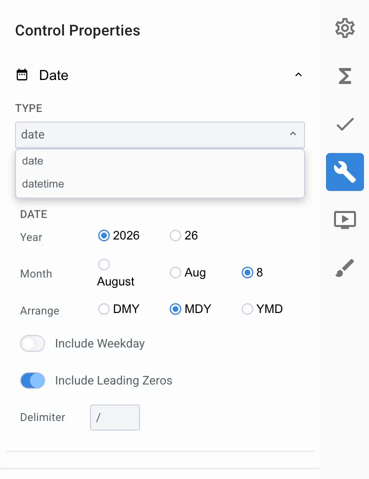 Mirata Control Properties panel for date configuration