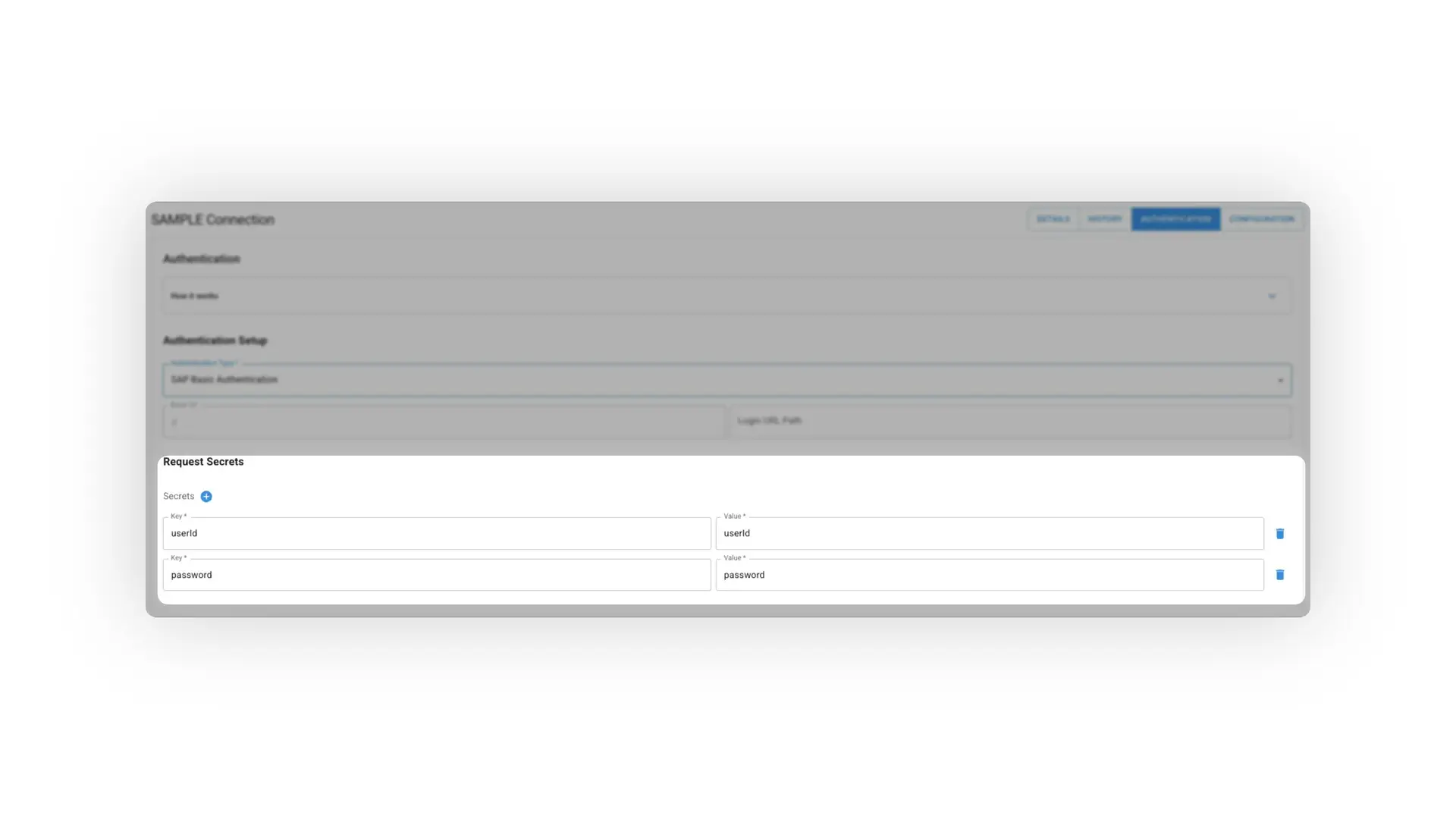 Mirata platform SAMPLE Connection Authentication tab
