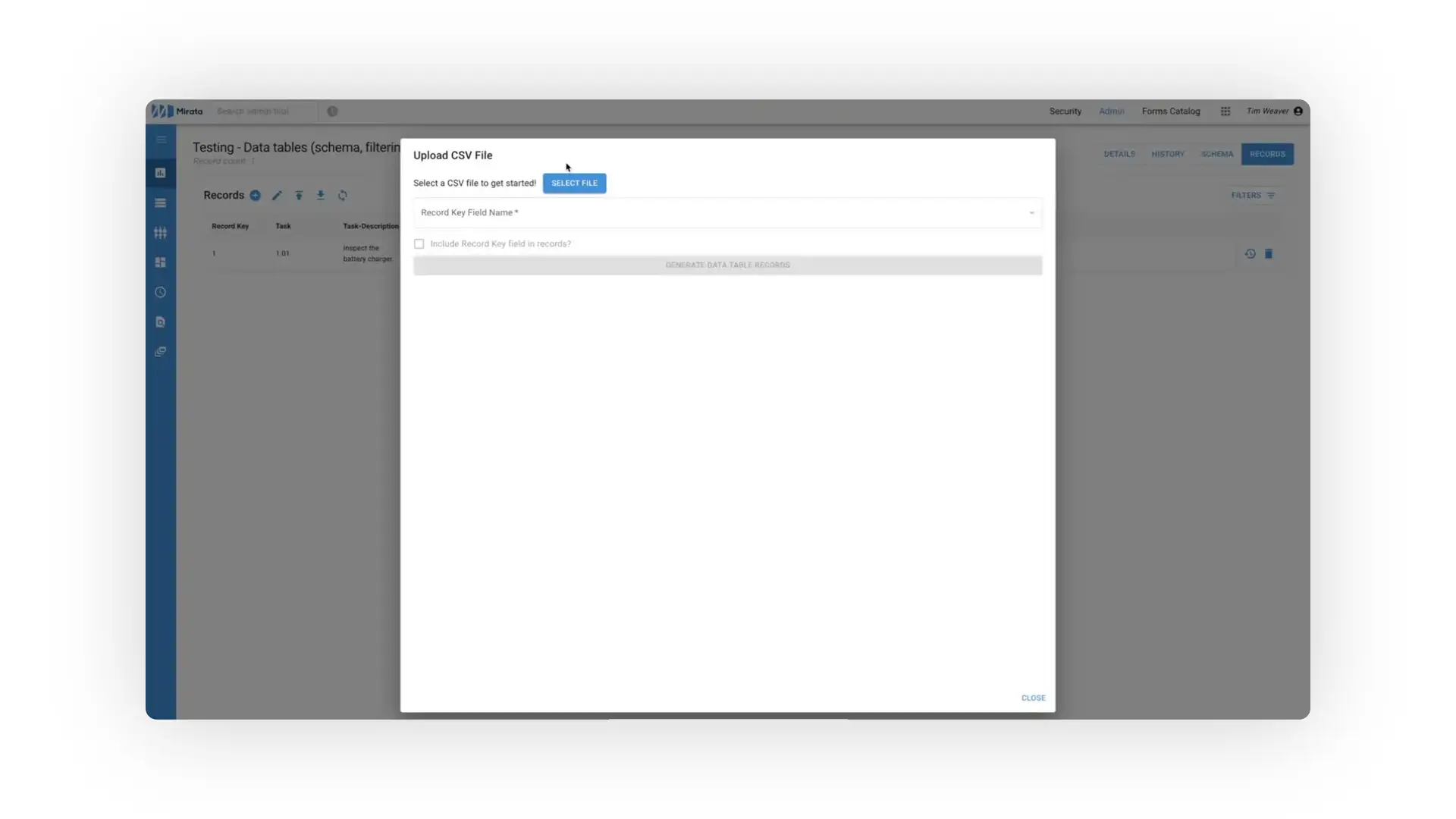 The user is uploading a CSV file to populate a data table within the Mirata platform. The interface prompts the user to select a file and specify the record key field name.