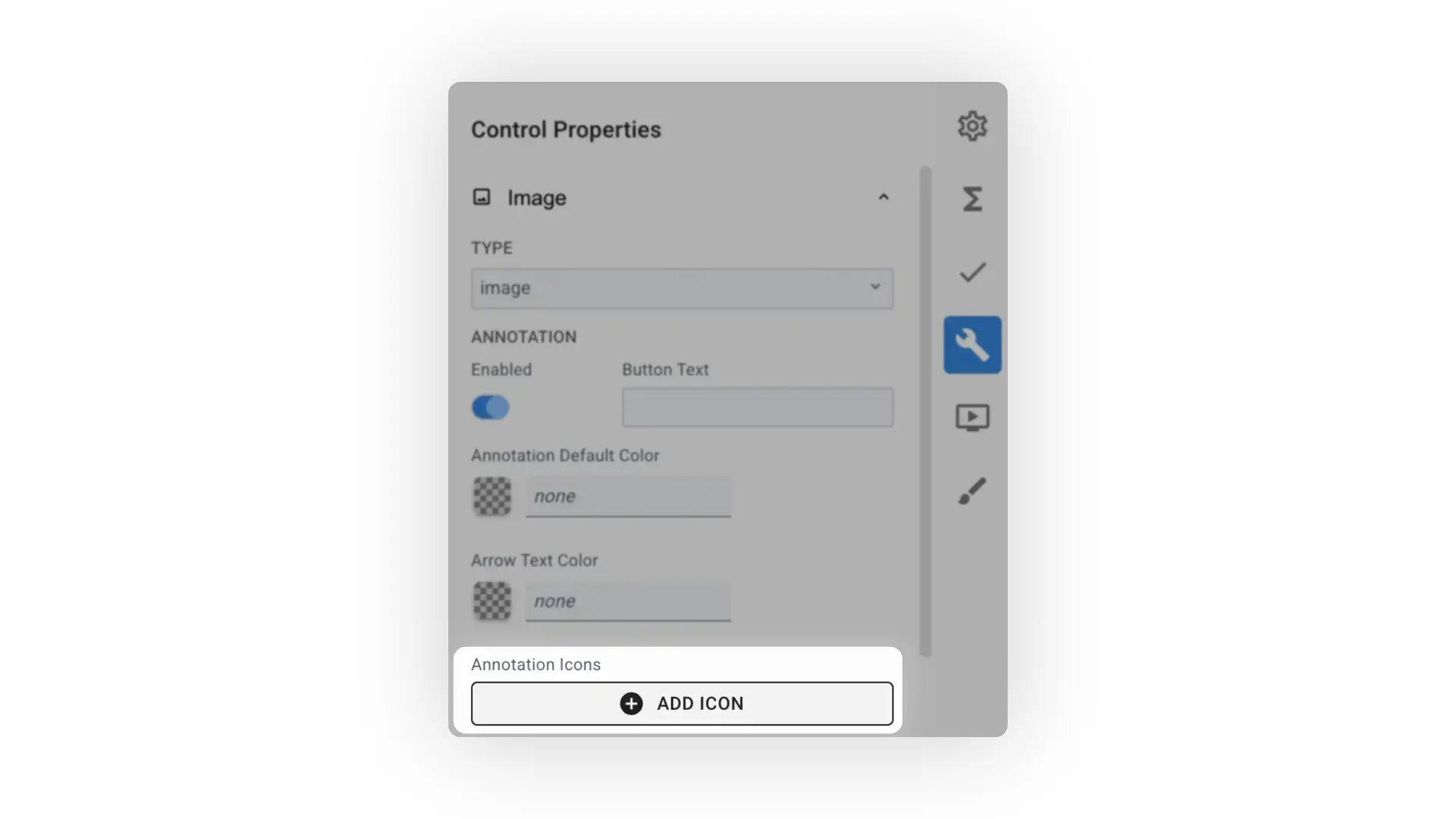 Mirata Control Properties panel for image annotation settings