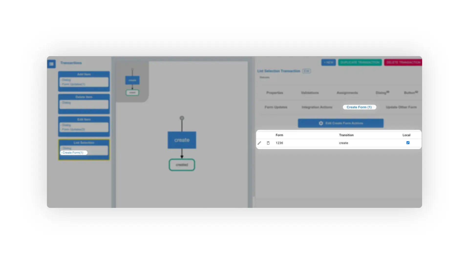 Mirata Forms List Selection Transaction interface showing create form actions and transitions