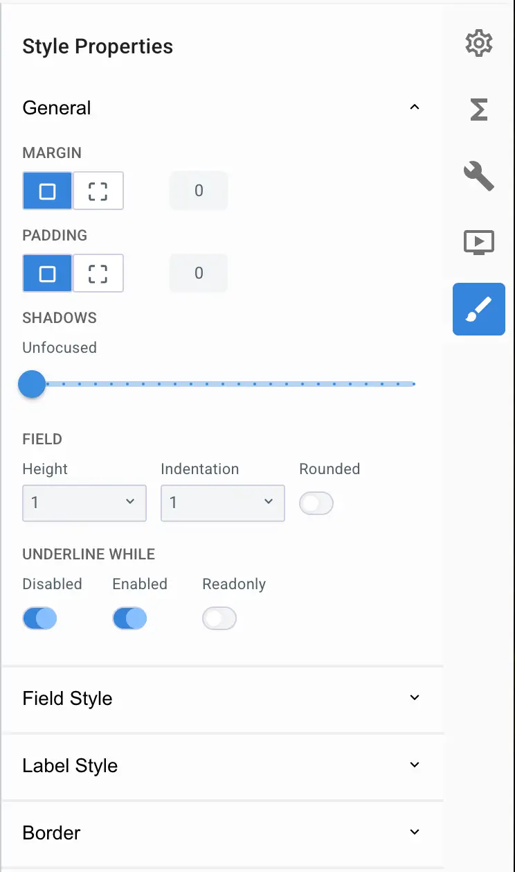 Mirata Style Properties panel for button styling in forms