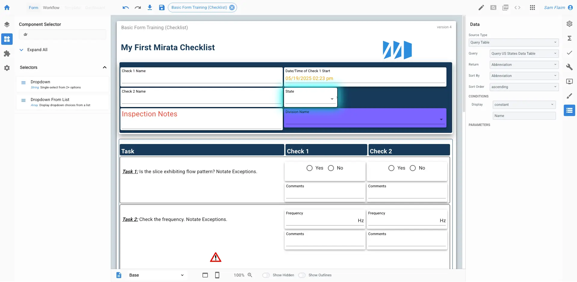 Mirata Basic Form Training Checklist interface with form fields and data management options.