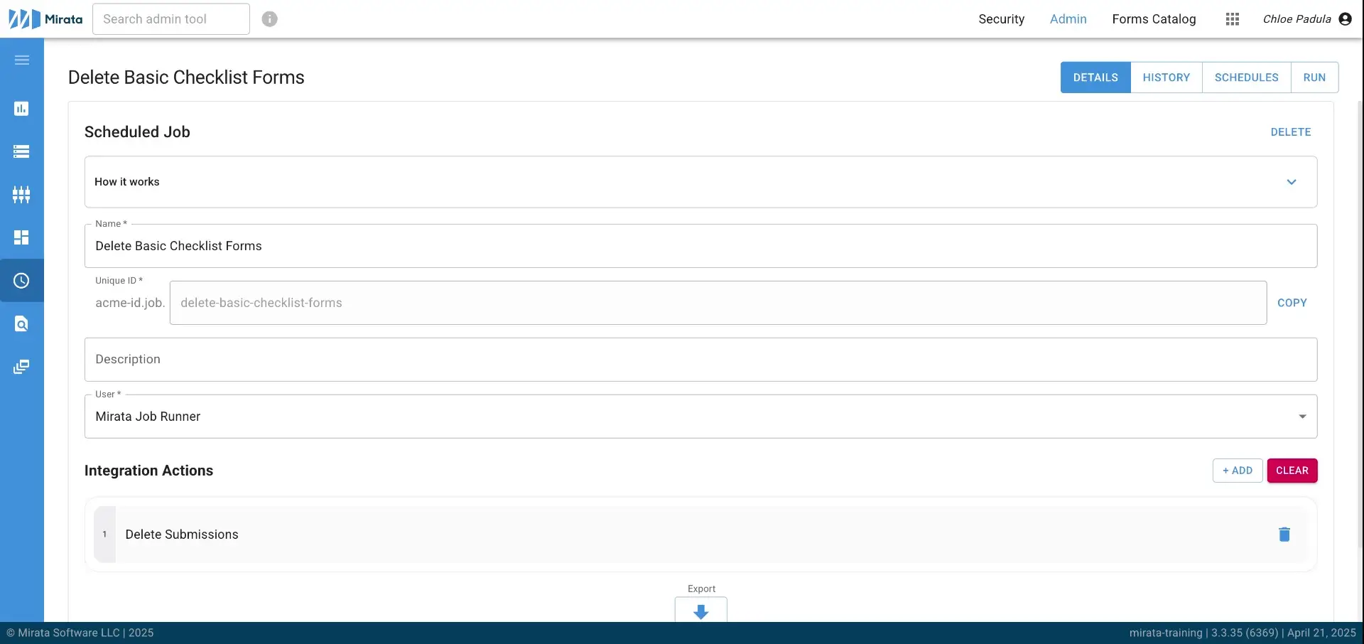 Mirata Admin - Delete Basic Checklist Forms Workflow Page
