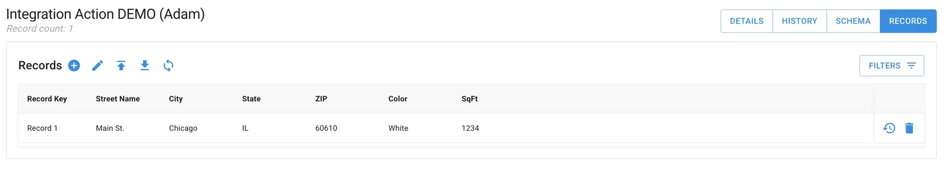 Mirata Integration Action DEMO Records tab showing a single record entry.