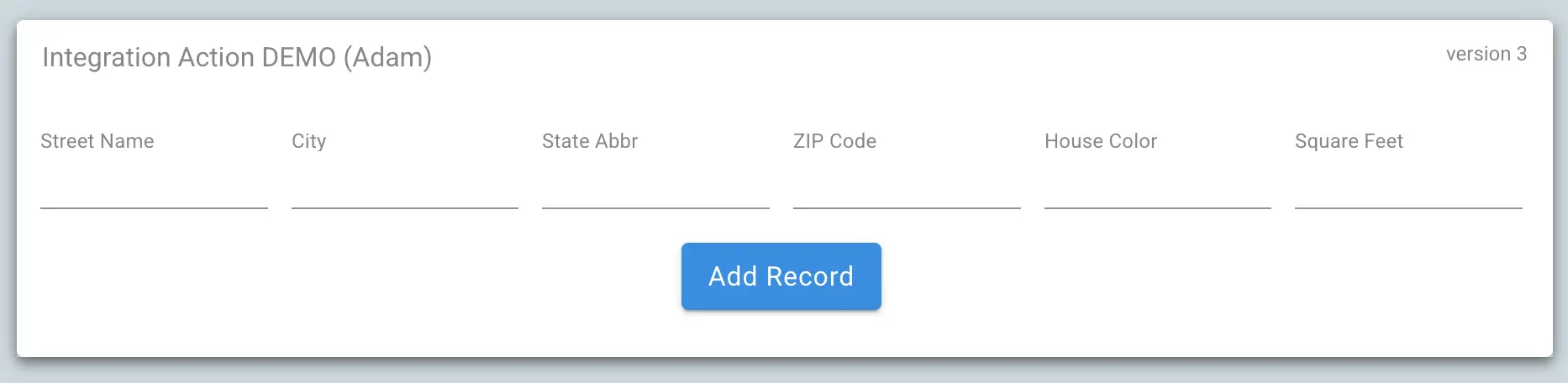 Mirata Integration Action DEMO form with fields for property details and an 'Add Record' button.