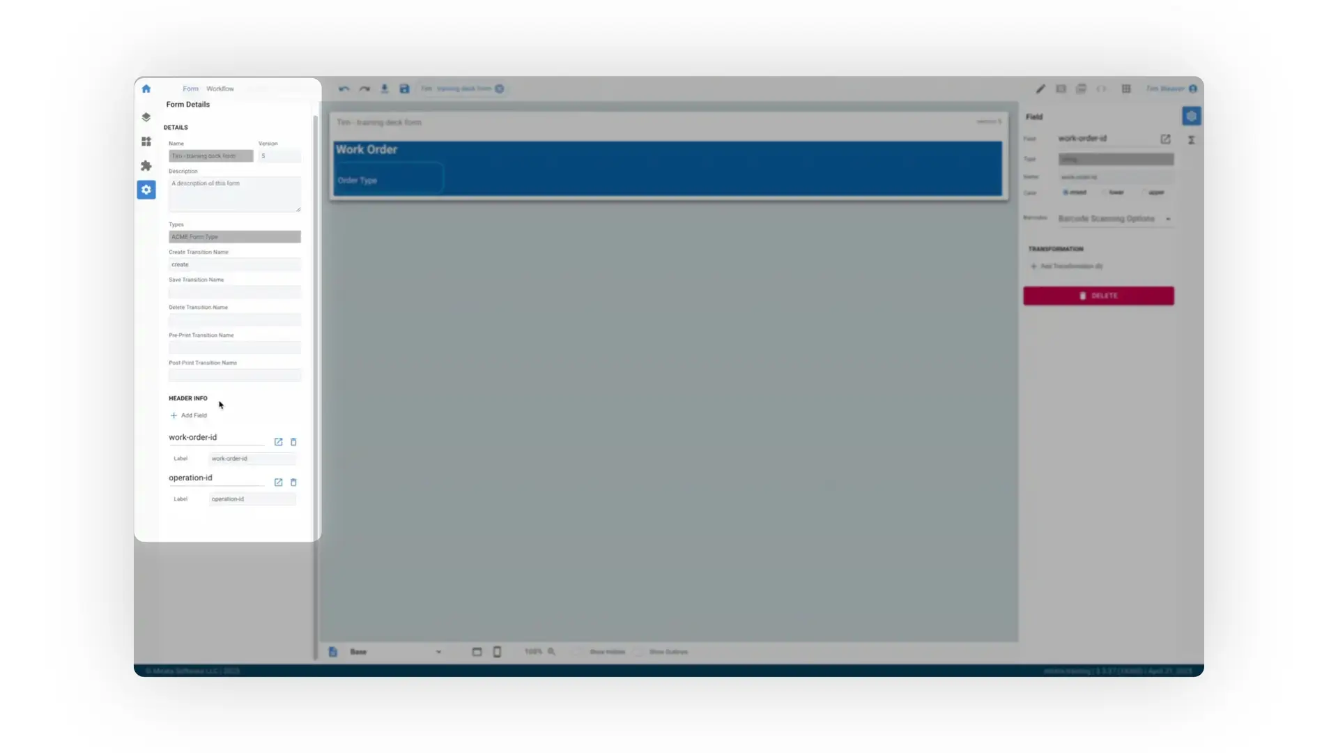 The screenshot shows the Mirata form designer interface, specifically focusing on the 'work-order-id' and 'operation-id' fields within a form named 'Tim - training deck form'.
