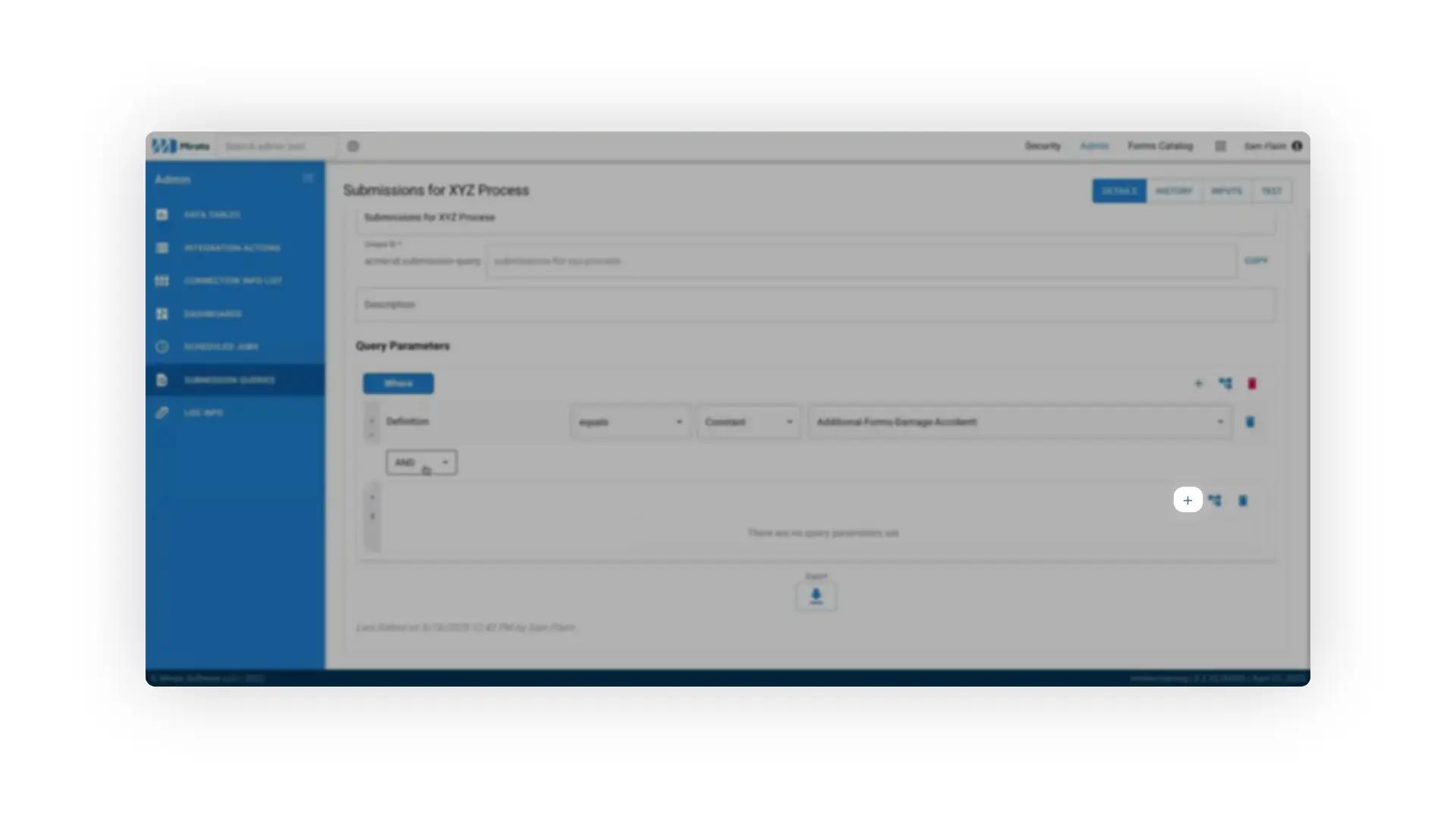 Mirata Admin panel showing Submissions for XYZ Process with query parameters setup.