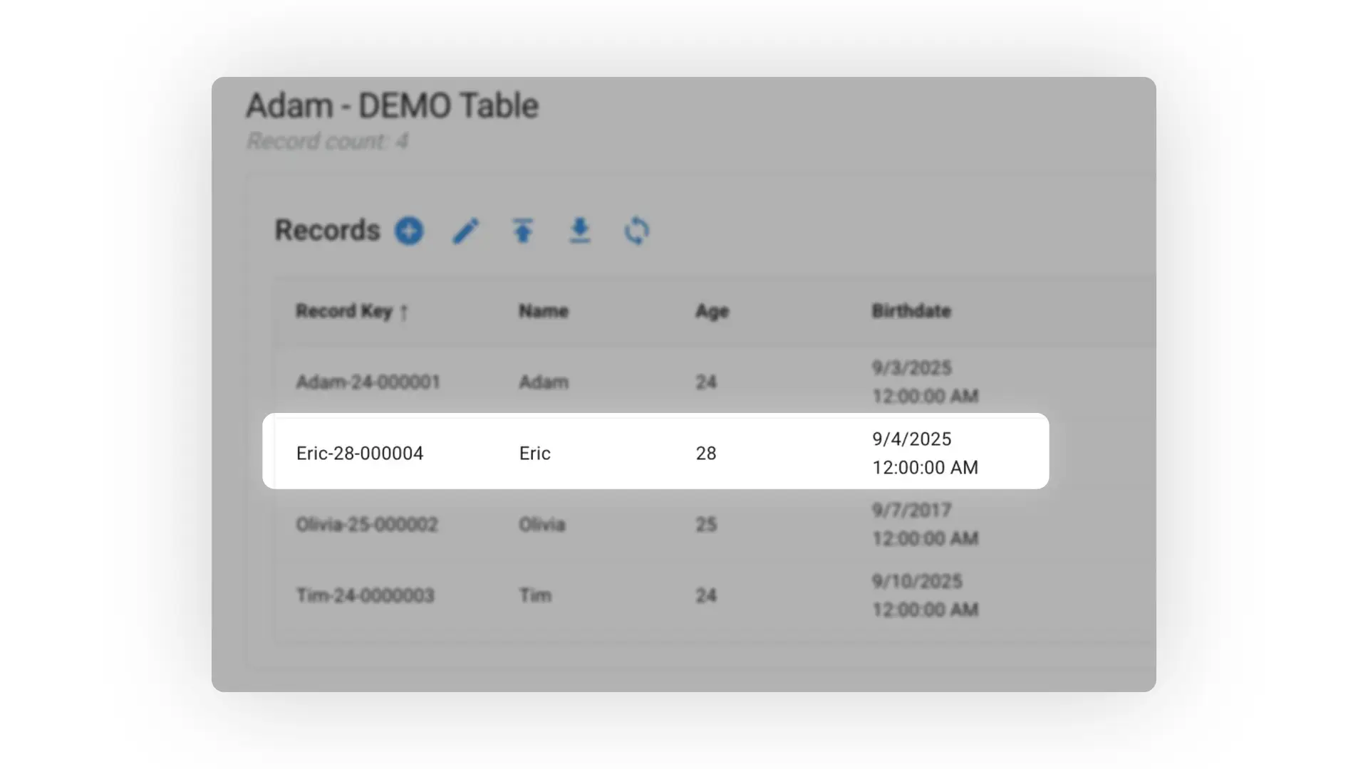 Mirata Data Management - Adam DEMO Table with records for Adam, Eric, Olivia, and Tim