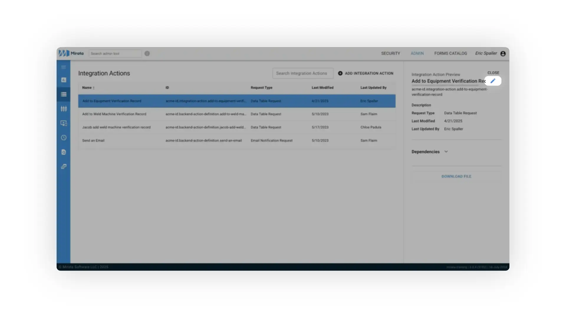 Mirata Integration Actions page showing a list of actions and a preview of 'Add to Equipment Verification Record'.