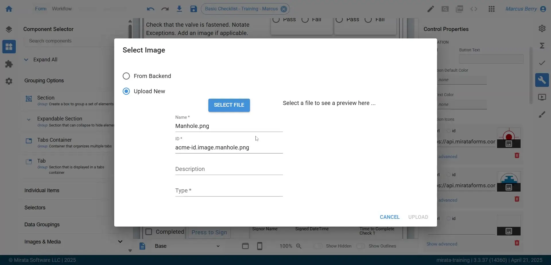 The user is in the process of uploading an image to a form within the Mirata platform. The 'Select Image' dialog is open, and the user has chosen to upload a new image, with the file name 'Manhole.png' and ID 'acme-id.image.manhole.png'.