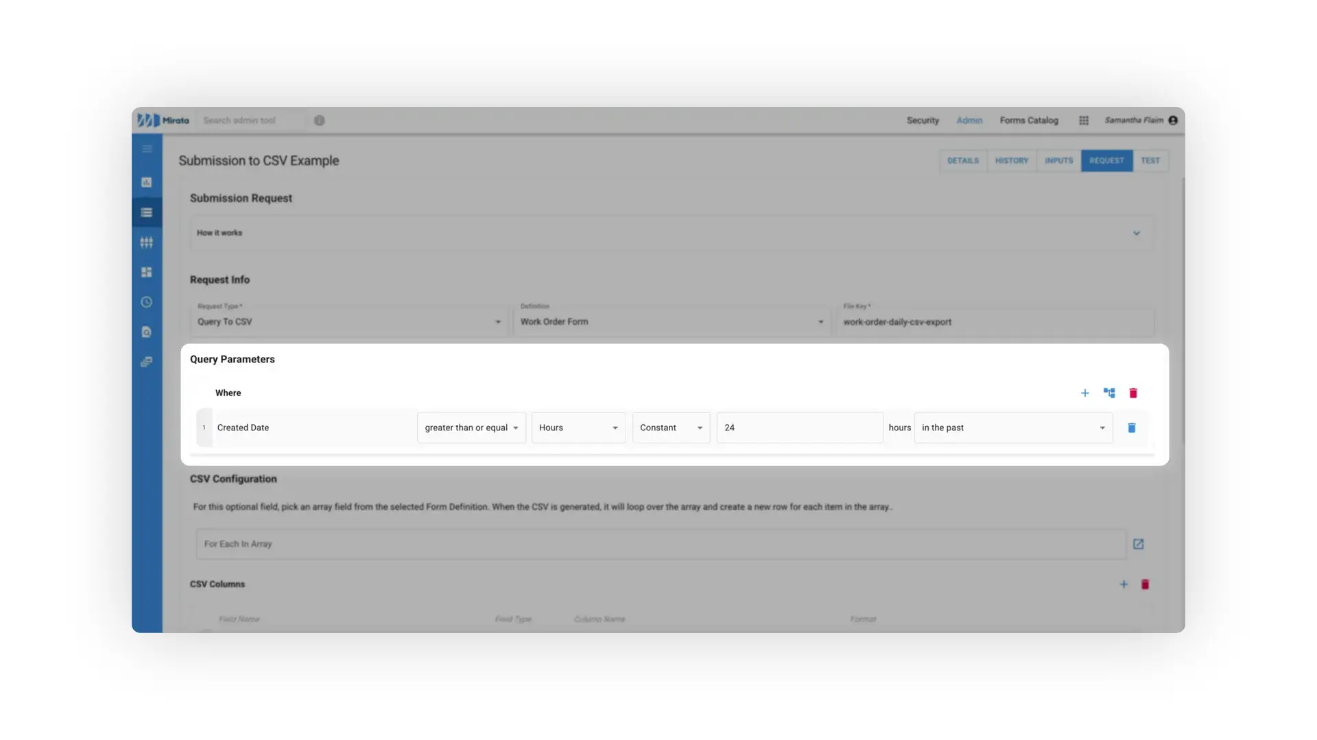 Mirata platform Submission to CSV Example page for exporting data to CSV