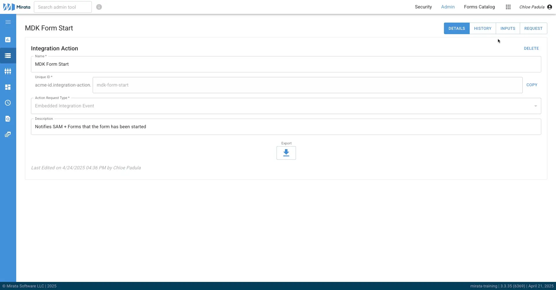 Mirata Admin Tool - MDK Form Start Integration Action Details