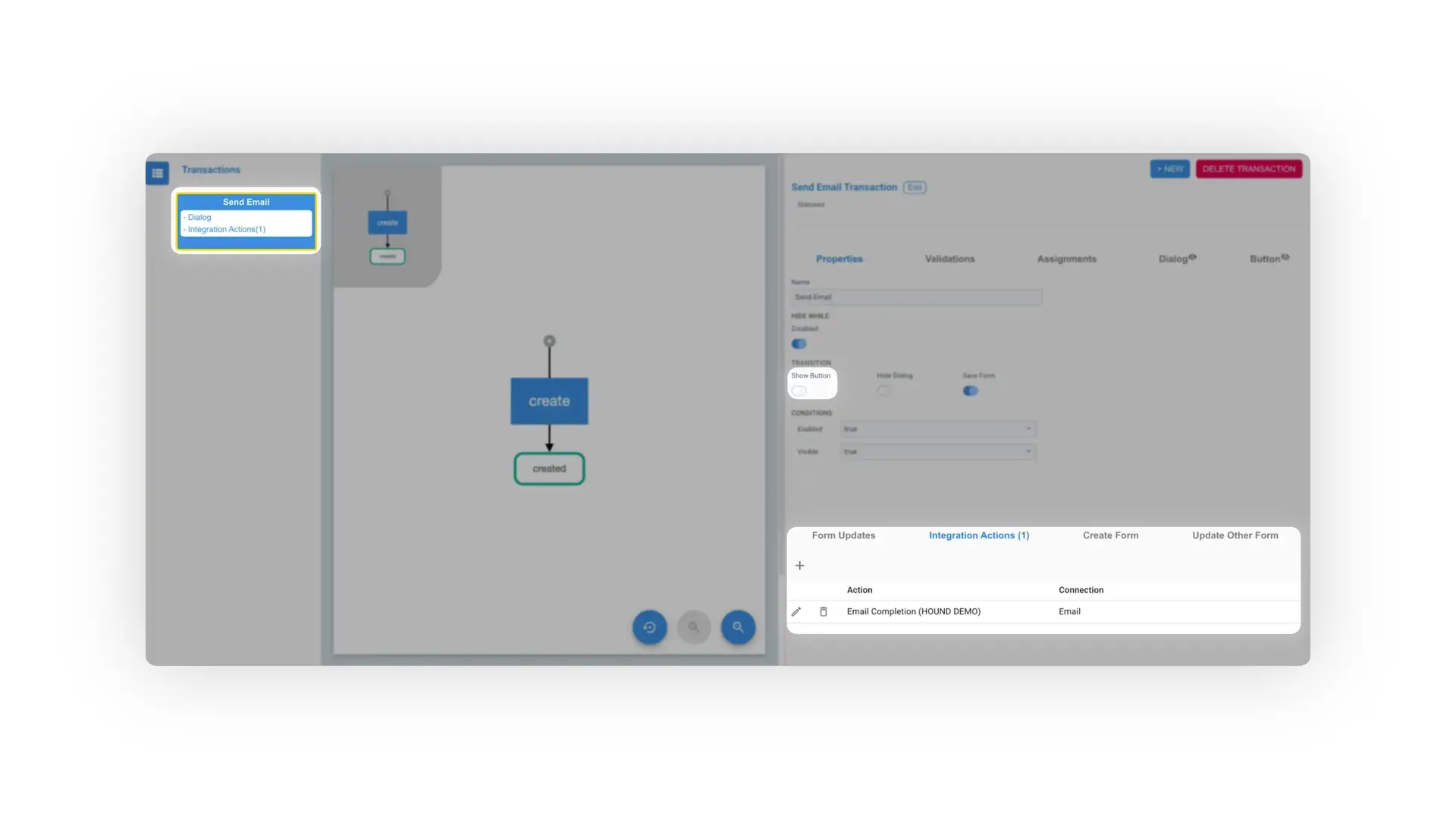 Mirata platform Send Email Transaction configuration screen showing action buttons and properties settings.