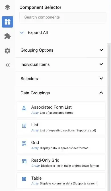 Component Selector panel with Data Groupings expanded