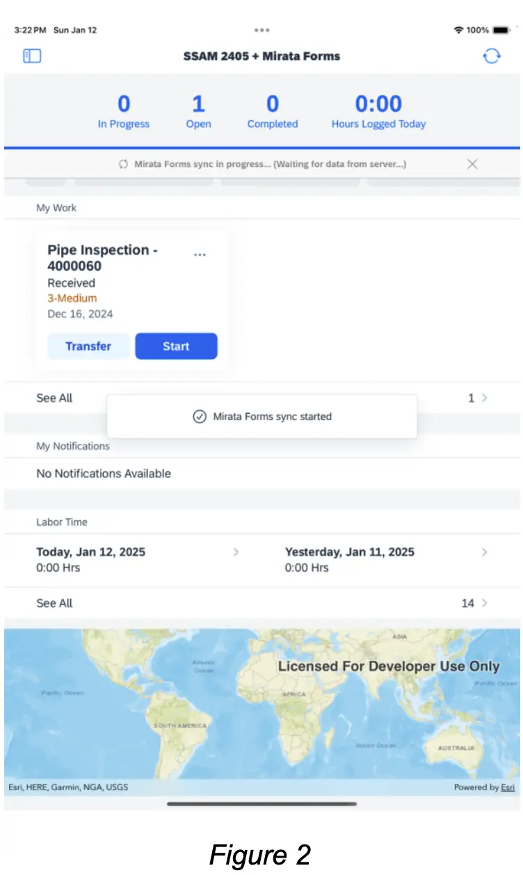 SSAM 2405 + Mirata Forms interface showing work tasks and labor time summary.