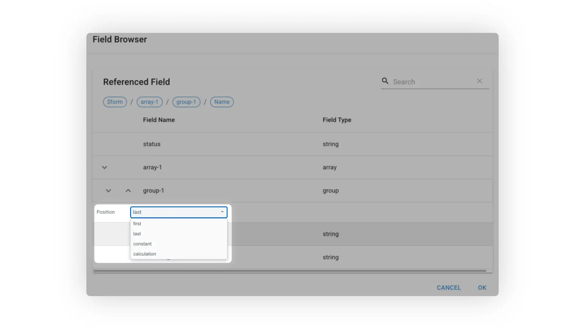 Mirata Field Browser interface showing referenced fields and position-based calculation options.