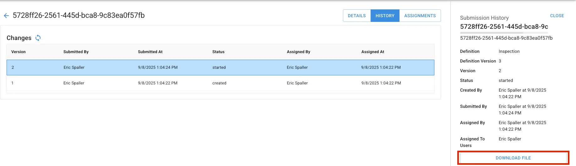 Mirata Submission History page showing form changes and details for ID 5728ff26-2561-445d-bca8-9c83ea0f57fb.
