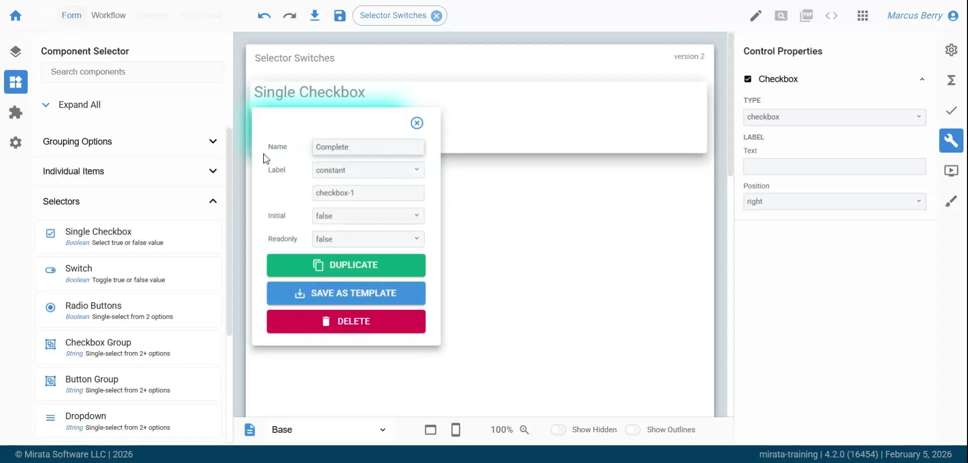 The user is configuring a single checkbox component within the Mirata platform. They are setting properties such as Name, Label, Initial value, and Readonly status for the checkbox.