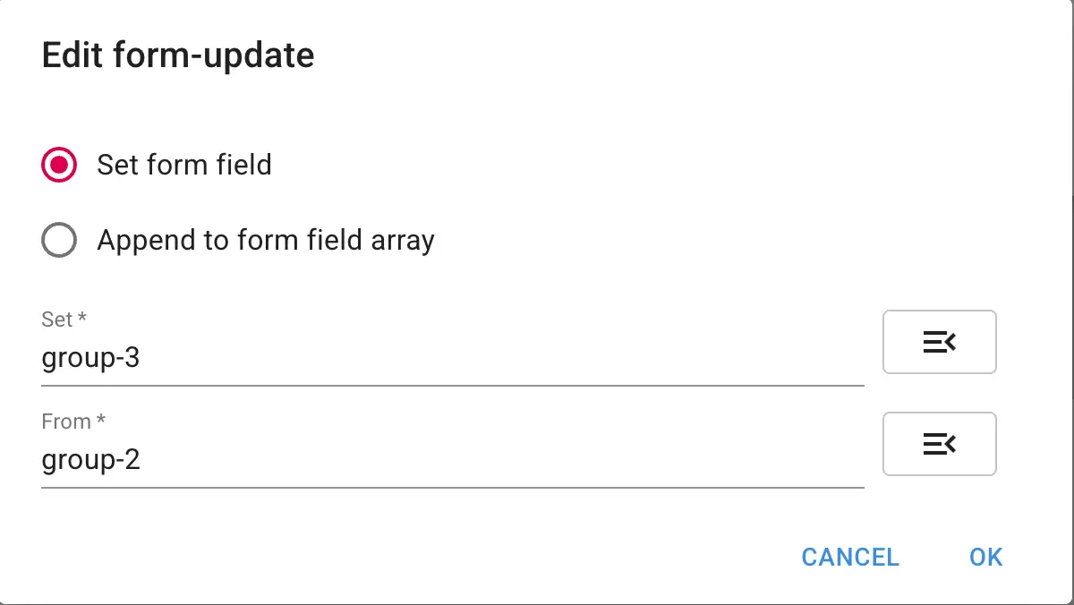 Edit form-update screen in Mirata Forms feature for inserting list rows via process button.