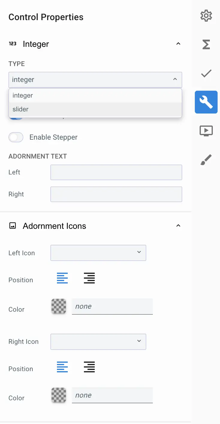 Mirata Control Properties panel for integer input configuration