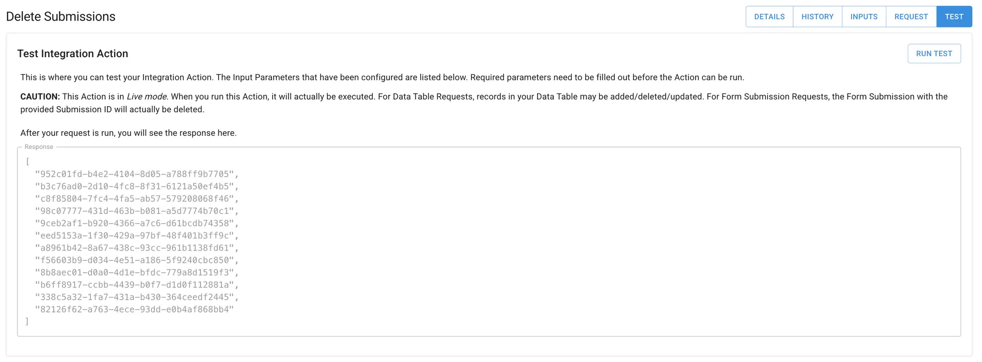 Mirata Delete Submissions Test Integration Action page