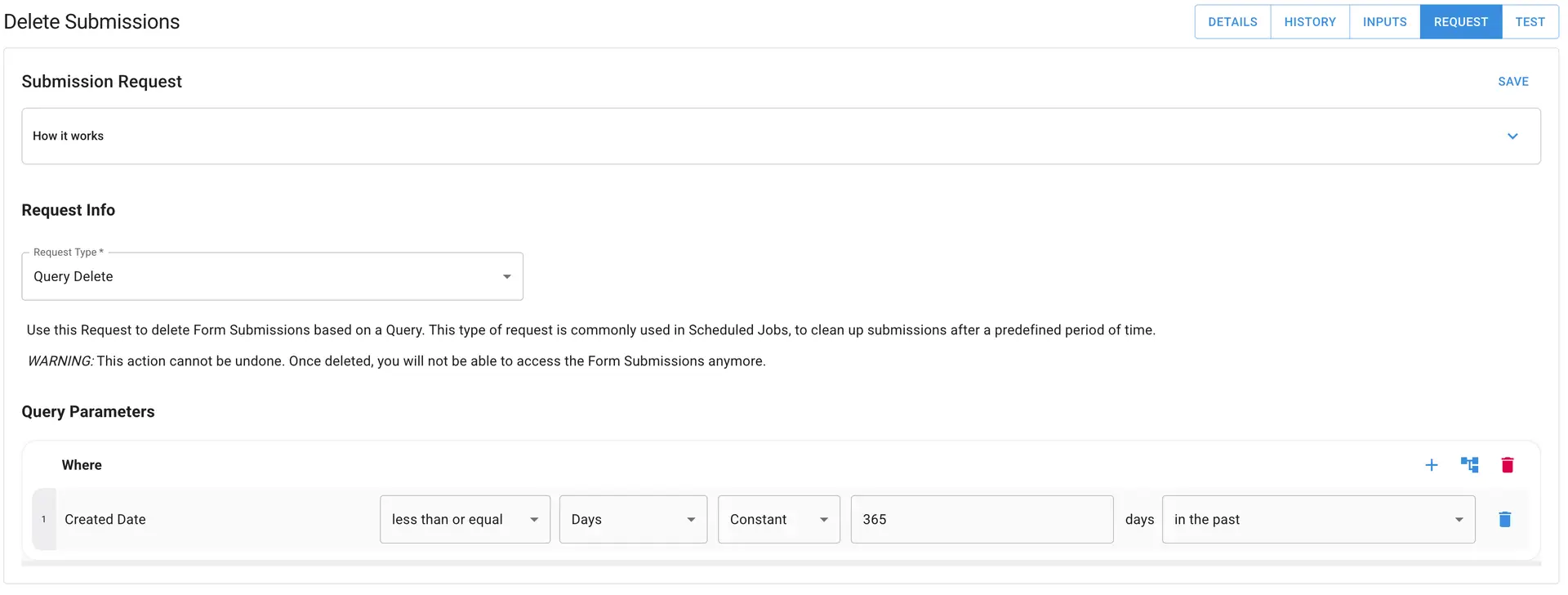 Mirata Delete Submissions Request screen showing query delete options and parameters.