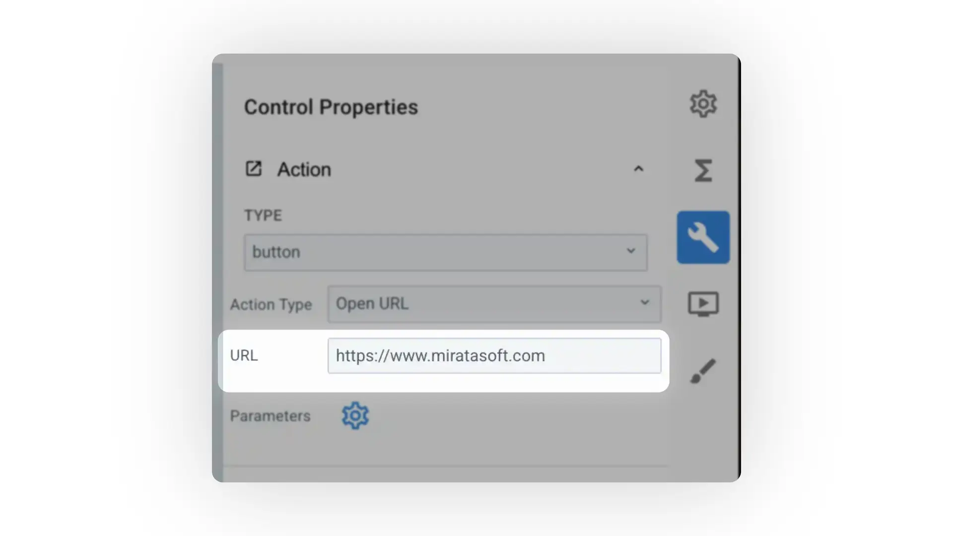 Mirata Control Properties panel for button action configuration