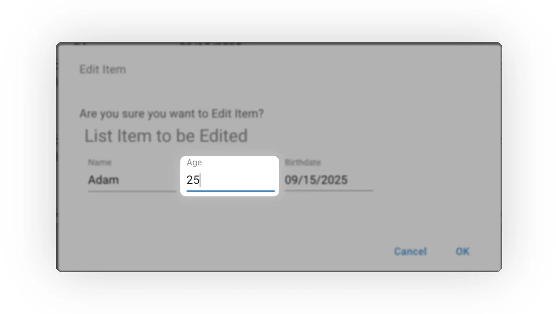 Mirata Forms Edit Item dialog box for editing list item details