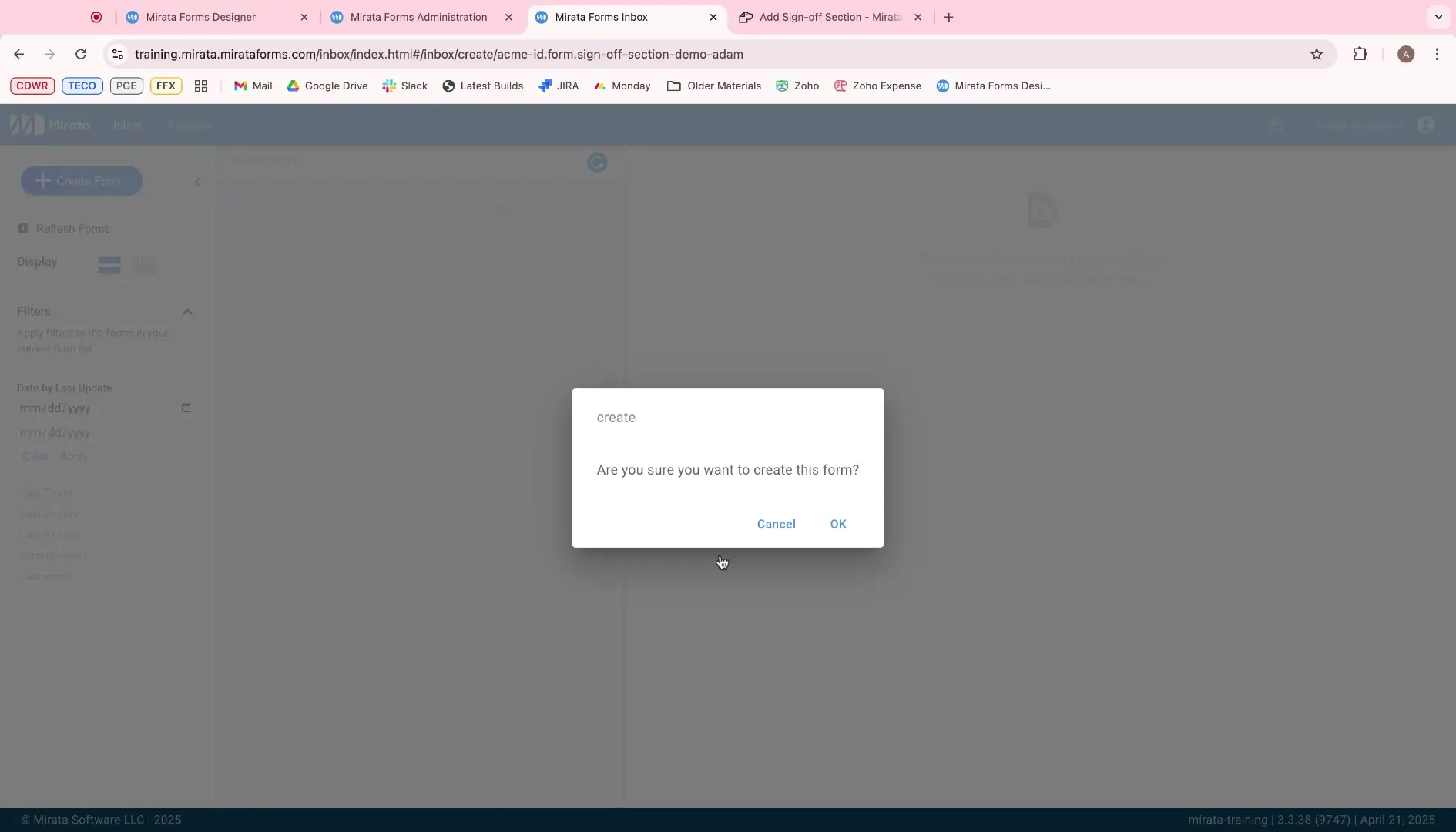 Mirata Forms Inbox with form creation confirmation dialog